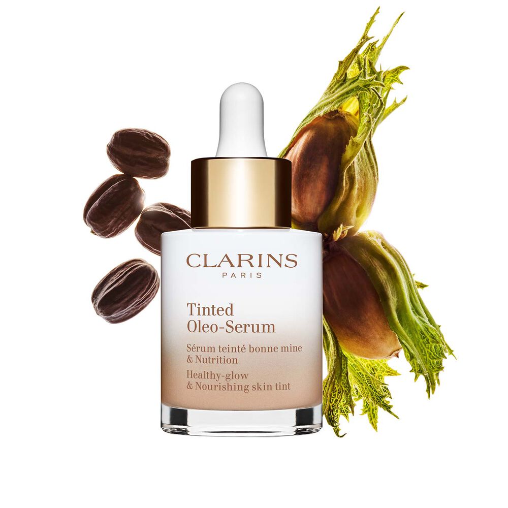 Tinted Oleo Serum packshot with jojoba and hazelnut ingredients