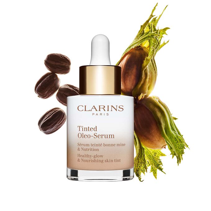 Tinted Oleo Serum packshot with jojoba and hazelnut ingredients