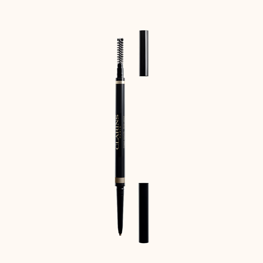 Packshot of Clarins 2-in-1 Blond Brow Pencil featuring an integrated brush and an ultra-fine retractable tip for natural brows.