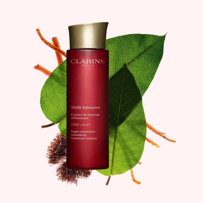 Clarins Super Restorative Treatment Essence with organic Harungana extract to deeply replenish and firm facial skin.
