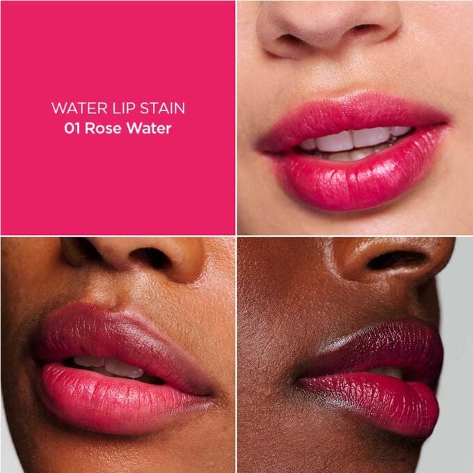 Close-up of a woman’s lips, showcasing the hydration, colour and matte results after applying Fushia Water Lip stain in shade 01.