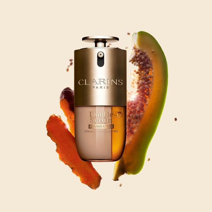 Packshot of Clarins Double Serum Foundation available for every skin tone, featuring key ingredients turmeric and papain