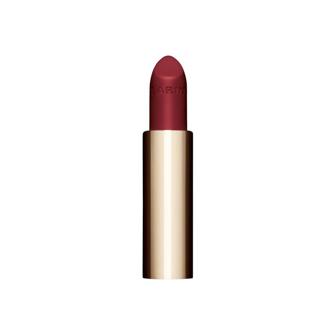Packshot of the refillable dark red lipstick Joli Rouge in Shade 795 V by Clarins, highlighting its sustainable design