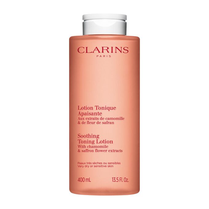 Packshot of the Clarins Soothing Toning Lotion orange bottle, preserving skin balance with natural chamomile and saffron extract