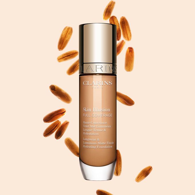Clarins Skin Illusion Full Coverage showcasing its sleek design and vibrant packaging, the ideal foundation for a flawless & natural complexion.