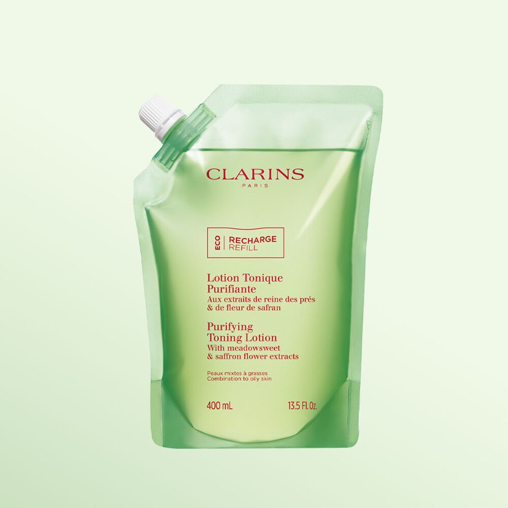 The Clarins Toning and Purifying Face Lotion eco-refill, highlighting its sustainable, refillable skincare packaging.