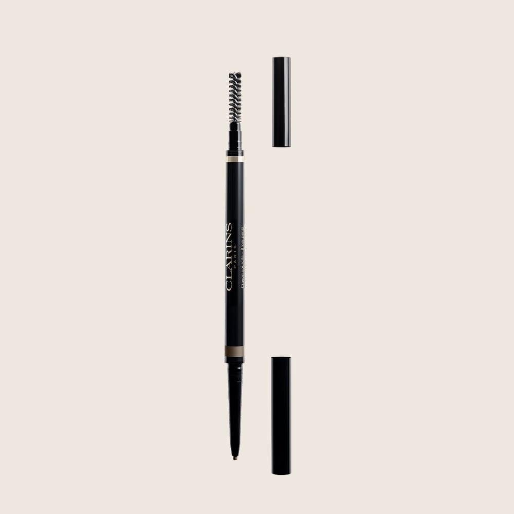 Packshot of Clarins 2-in-1 Light Brown Brow Pencil with integrated brush and ultra-fine retractable tip for natural brows.
