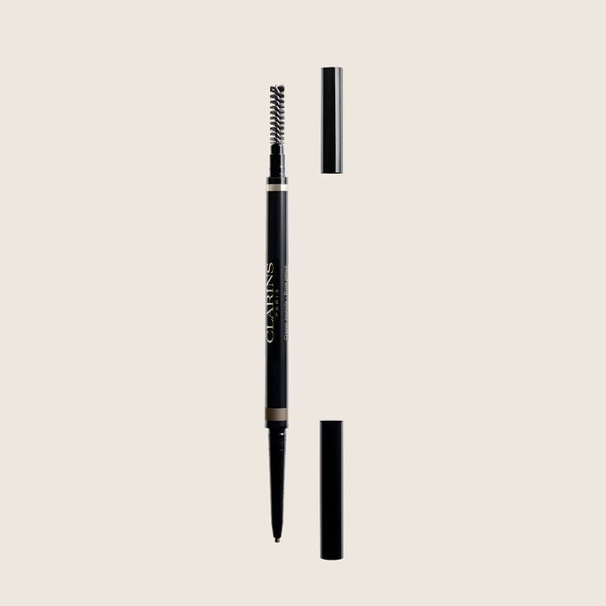 Packshot of Clarins 2-in-1 Light Brown Brow Pencil with integrated brush and ultra-fine retractable tip for natural brows.