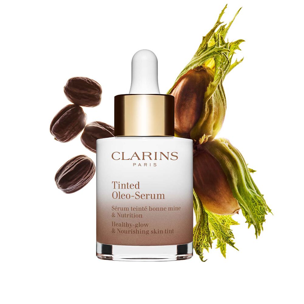 Tinted Oleo Serum packshot with jojoba and hazelnut ingredients