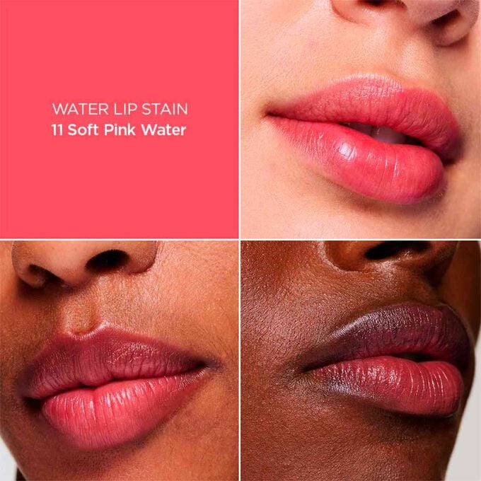 Close-up of a woman’s lips, showcasing the hydration, colour and matte results after applying Pink Water Lips stain shade 11.