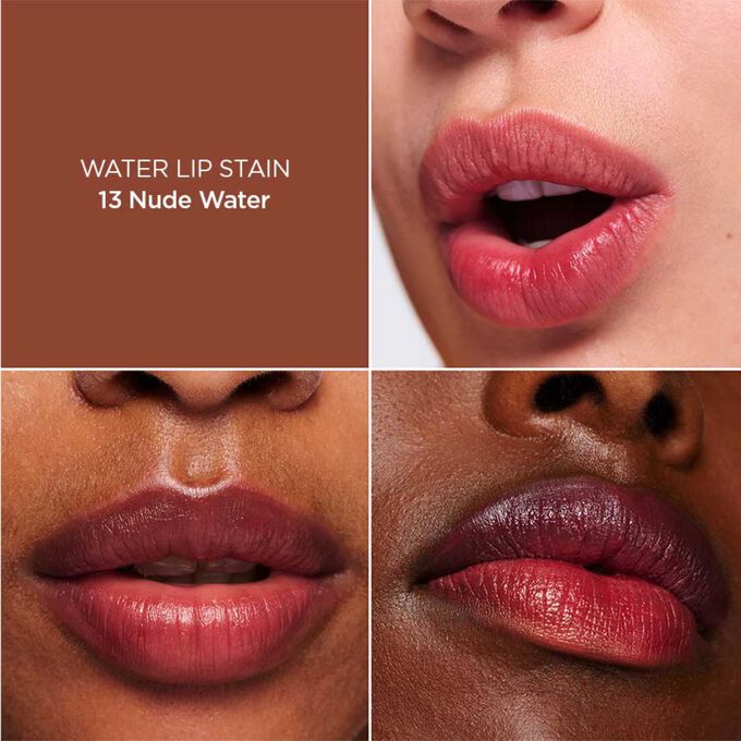 Close-up of a woman’s lips, showcasing the hydration, colour and matte results after applying Brown Water Lip Stain in shade 13.