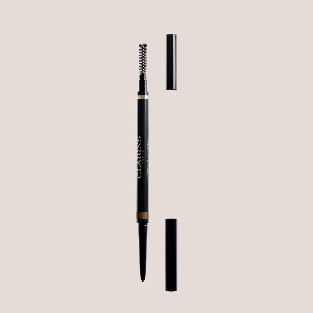 Packshot of Clarins 2-in-1 Warm Brown Brow Pencil with integrated brush and ultra-fine retractable tip for natural, defined brows.