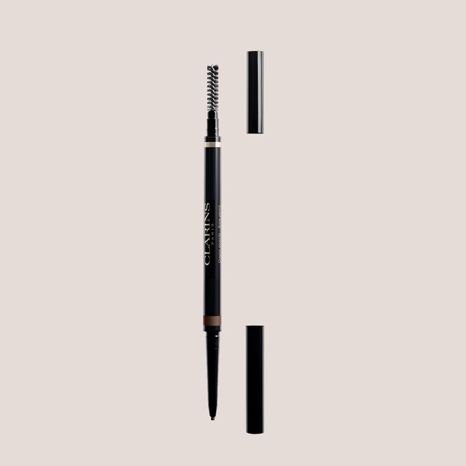Packshot of Clarins 2-in-1 Warm Brown Brow Pencil with integrated brush and ultra-fine retractable tip for natural, defined brows.