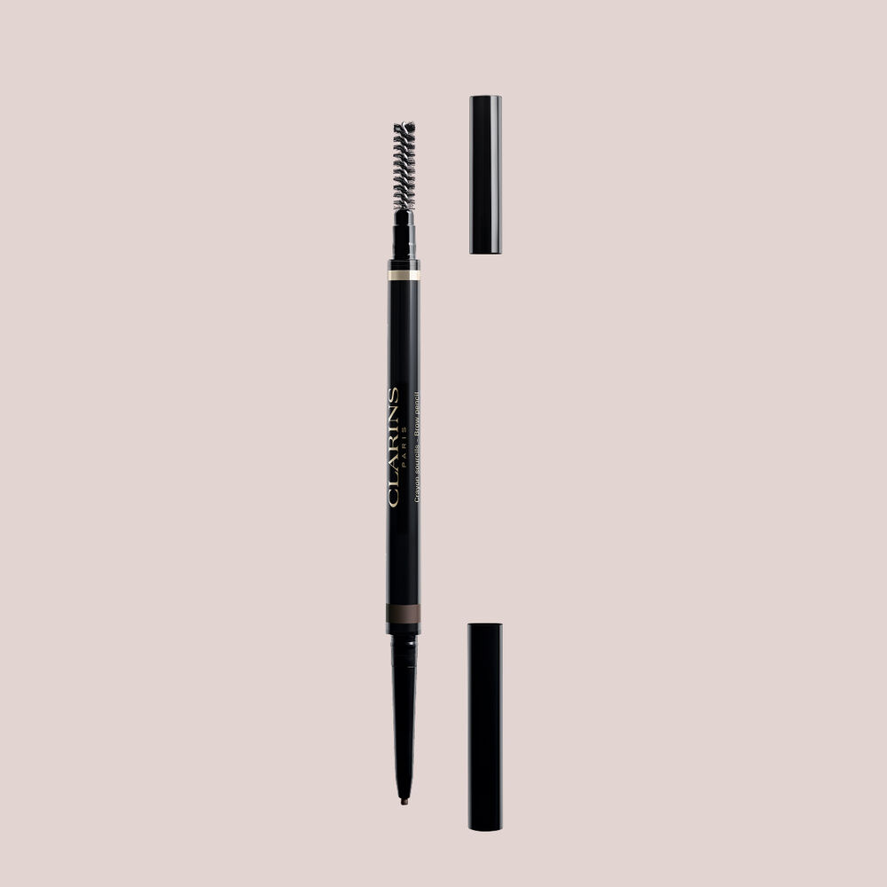 Packshot of Clarins 2-in-1 Dark Brown Brow Pencil with integrated brush and ultra-fine retractable tip for bold, natural brows.