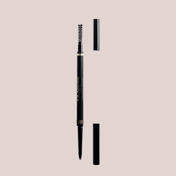 Packshot of Clarins 2-in-1 Dark Brown Brow Pencil with integrated brush and ultra-fine retractable tip for bold, natural brows.