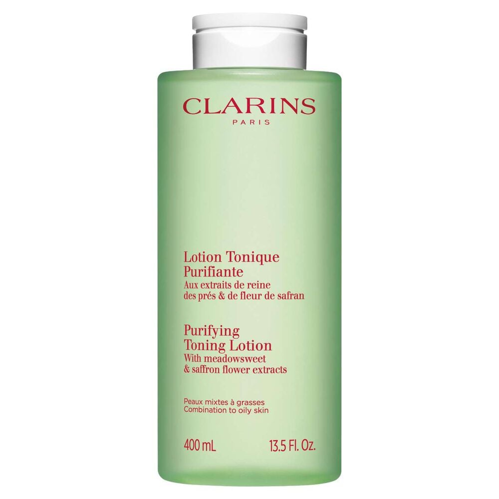 Packshot of the Clarins purifying toning lotion green bottle, with rebalancing action on a white background