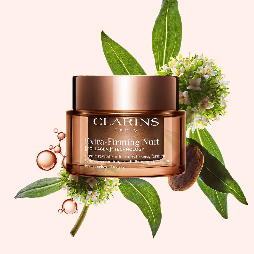 Packshot of Clarins Extra Firming Night Cream for dry skin, alongside mitracarpus plant, pecan seed, and collagen molecule
