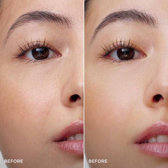 Before and after of a woman&rsquo;s brows using Clarins Dark Brown Brow Gel, showing fuller, shaped, and naturally enhanced brows.