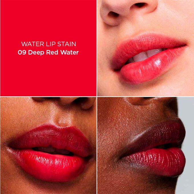 Close-up of a woman’s lips, showcasing the hydration, colour and matte results after applying dark Red Water Lip Stain in shade 9.