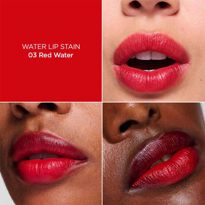 Close-up of a woman’s lips, showcasing the hydration, colour and matte results after applying Red Water Lip Stain in shade 03.
