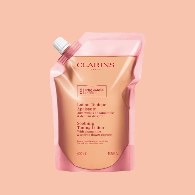 Clarins Toning and Soothing Face Lotion orange eco-refill, offering a sustainable solution with its lotion refillable packaging