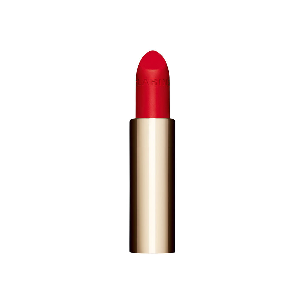 Packshot of the refillable red lipstick Joli Rouge in Shade 768V by Clarins, highlighting its sustainable and elegant design