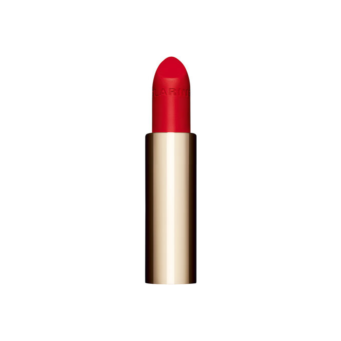 Packshot of the refillable red lipstick Joli Rouge in Shade 768V by Clarins, highlighting its sustainable and elegant design