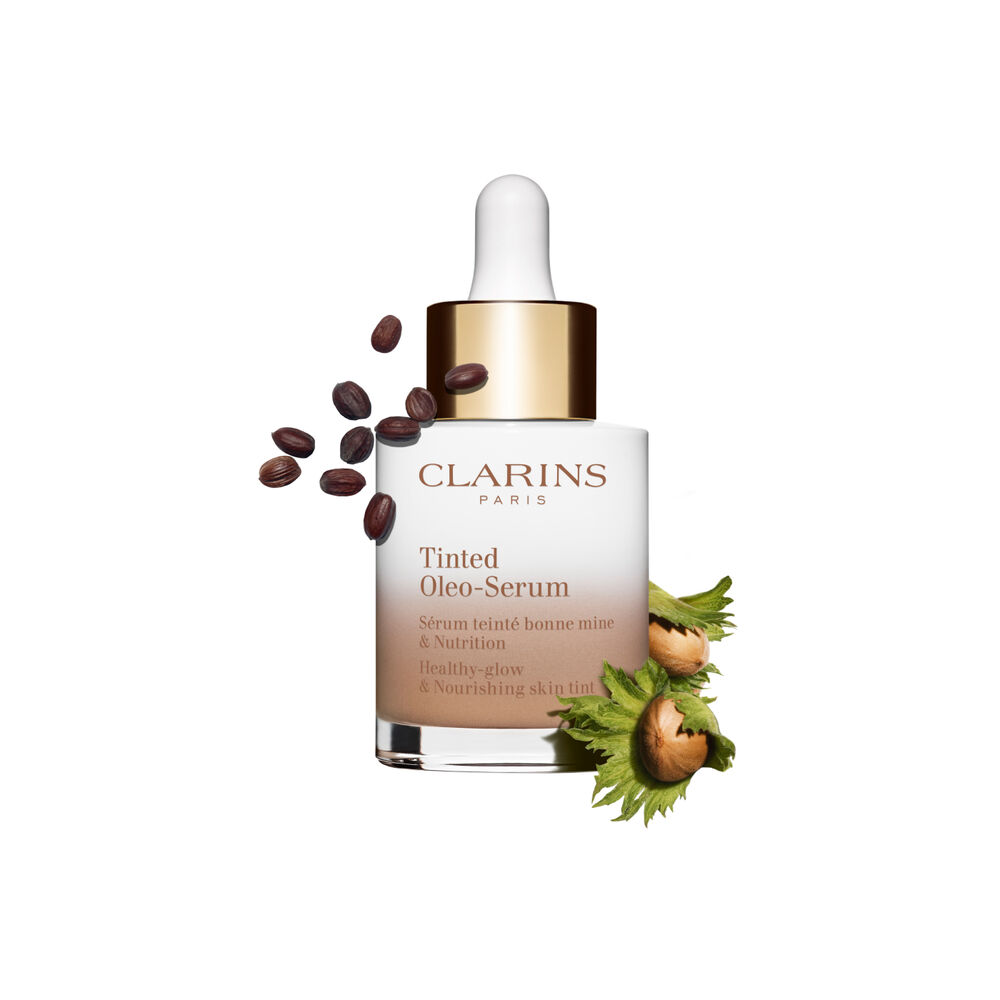 Tinted Oleo Serum packshot with jojoba and hazelnut ingredients