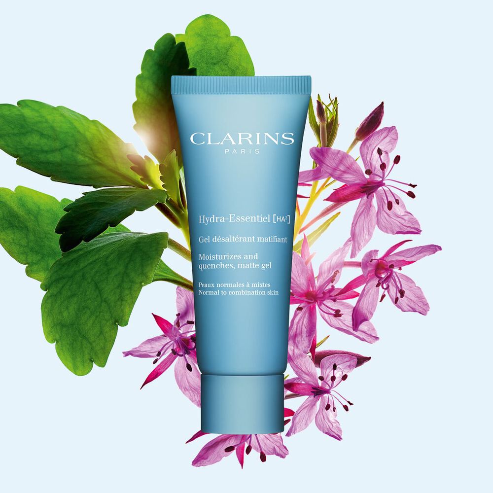 Clarins Hydra-Essentiel Matifying Face Gel with organic leaf of life extract to visibly plump and hydrate your skin.