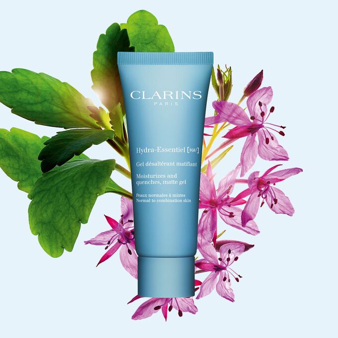 Clarins Hydra-Essentiel Matifying Face Gel with organic leaf of life extract to visibly plump and hydrate your skin.