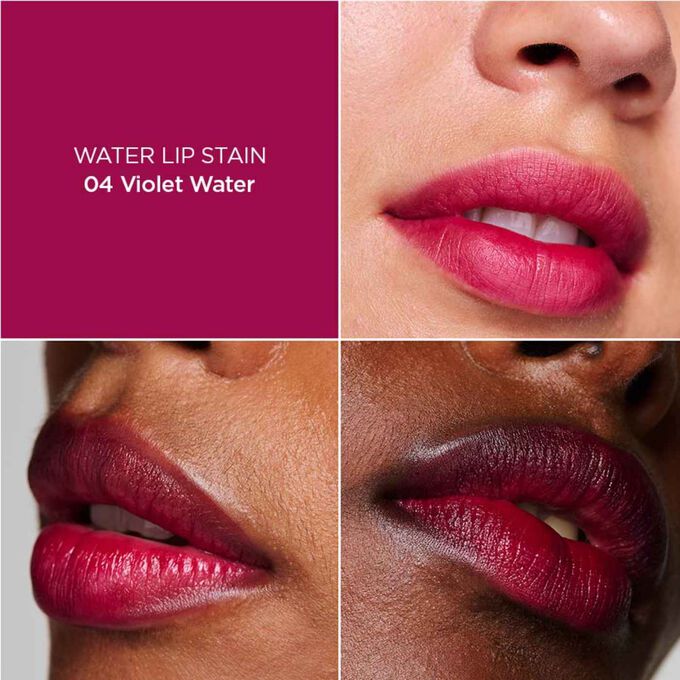 Close-up of a woman’s lips, showcasing the hydration, colour and matte results after applying Pink Water Lip Stain shade 4.