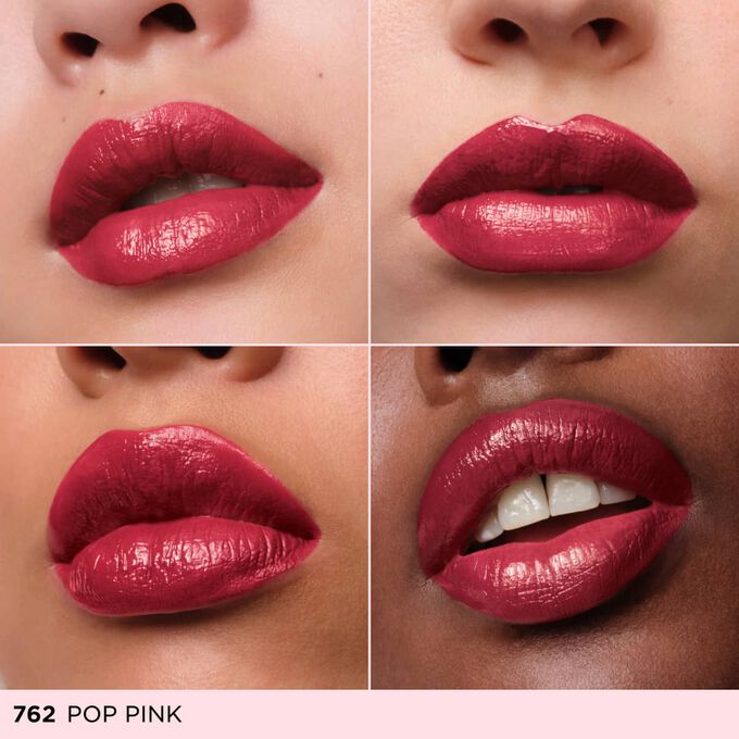 This hydrating shine lipstick enhances different lip tones, revealing a luminous red lipstick with a shine finish glow.