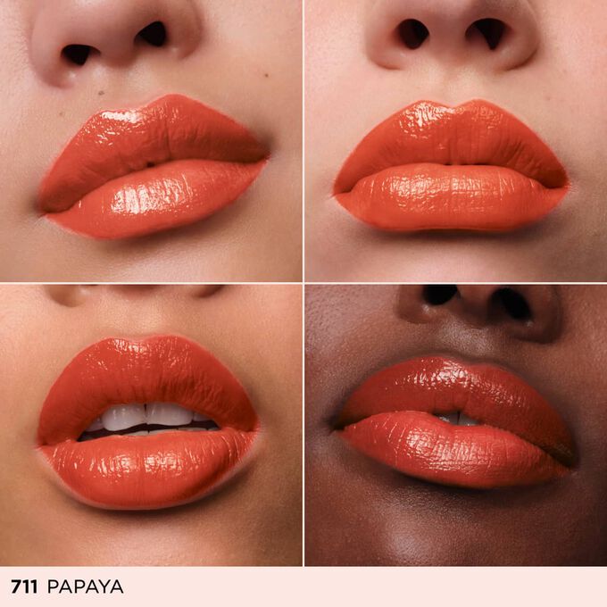 This hydrating shine lipstick enhances different lip tones, revealing a luminous red lipstick with a shine finish glow.