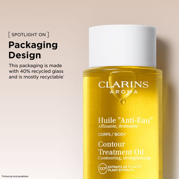 Clarins swelling oil in a packaging made with recycled glass, supporting sustainable beauty practices.