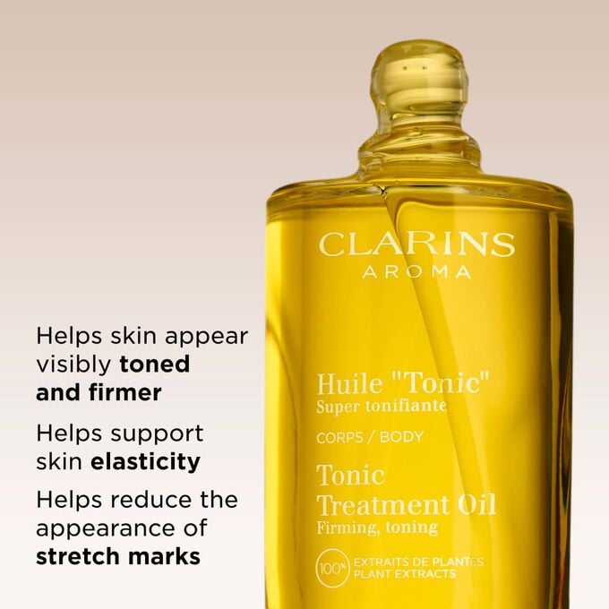 Clarins Tonic Body Treatment Oil to visibly tone and firm skin while reducing stretch marks for a smooth and firm skin.