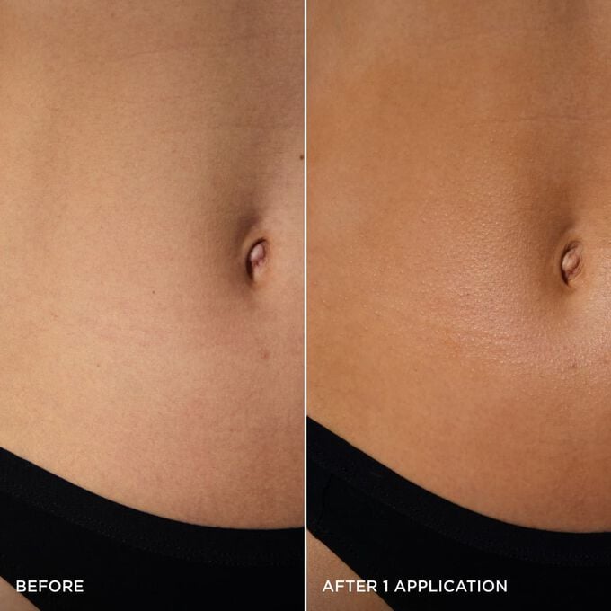Before and after of a woman&rsquo;s belly, showing a natural golden glow after one application of Clarins Express Self-Tan Gel.