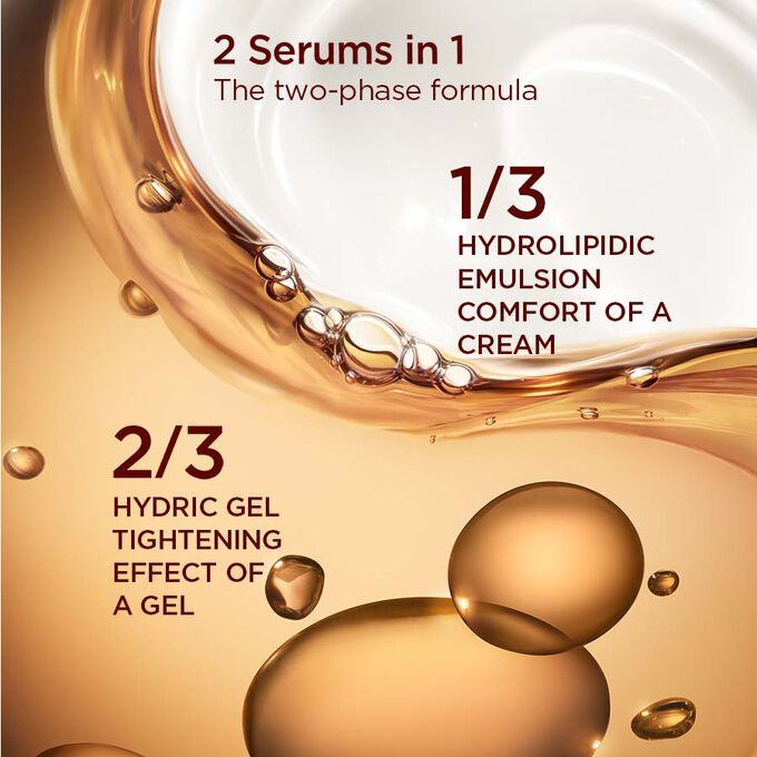 Oily-textured background split in two, illustrating the dual-action formula of Clarins Eye Double Serum