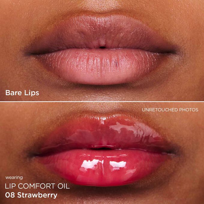 Before and after close-up of a woman’s lips, showing the results after applying the dark pink ton lip oil