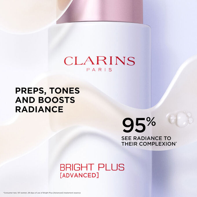 Focus on Clarins Bright Plus Advanced Lotion bottle, highlighting benefits: preps, tones, and boosts skin radiance.