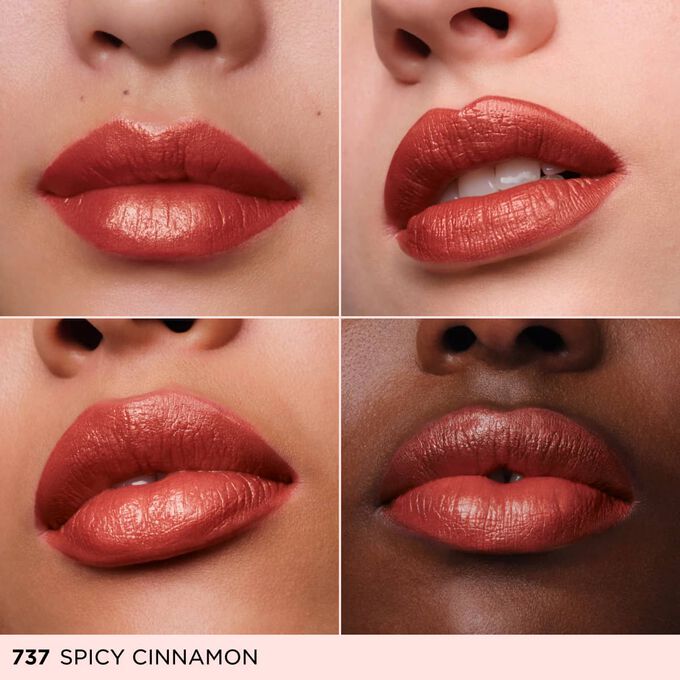 Four close ups of diverse women lips wearing a rosy pink cream lipstick to showcase inclusive color representation.