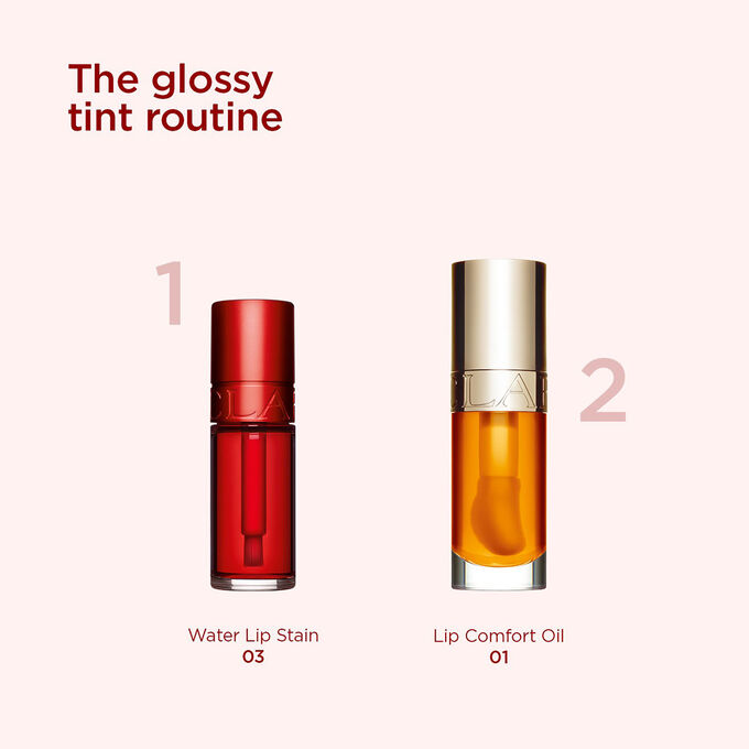 Selection of Clarins glossy routine products for daily hydrated and naturally tinted lips with a radiant finish.