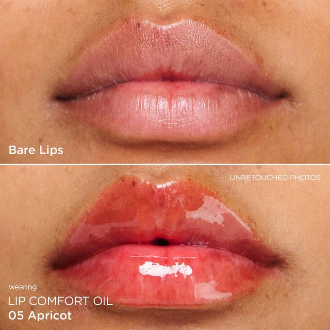 Before and after close-up of a woman’s lips, showing the results after applying the orange ton lip oil