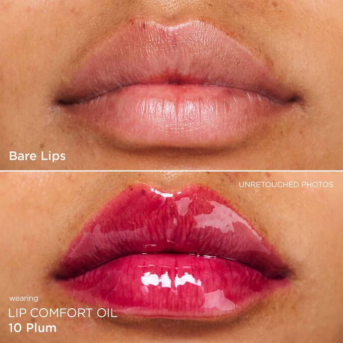 Before and after close-up of a woman’s lips, showing the results after applying the dark purple ton lip oil