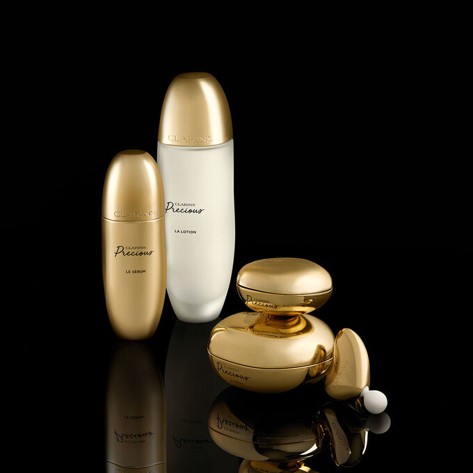 Packshot of Clarins Precious Luxury skincare range with Moonlight flower cryoextract as the main ingredient.