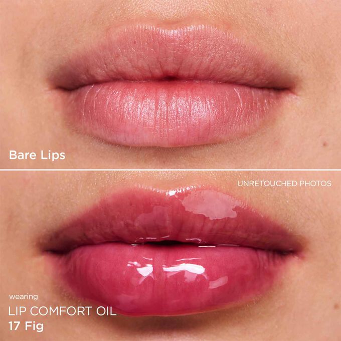 Before and after close-up of a woman’s lips, showing the results after applying the dark purple lip oil