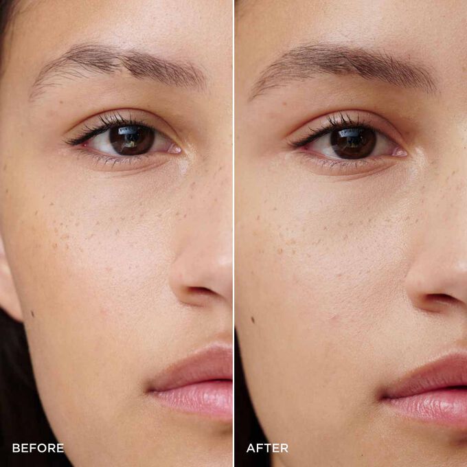 Before and after of a woman&rsquo;s brows using Clarins Warm Brown Brow Gel, showing fuller, structured, and naturally defined brows.