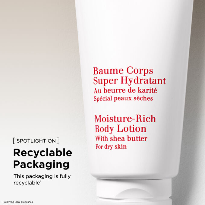Close up of moisture rich body lotion tube highlighting its eco friendly circular packaging design commitment.