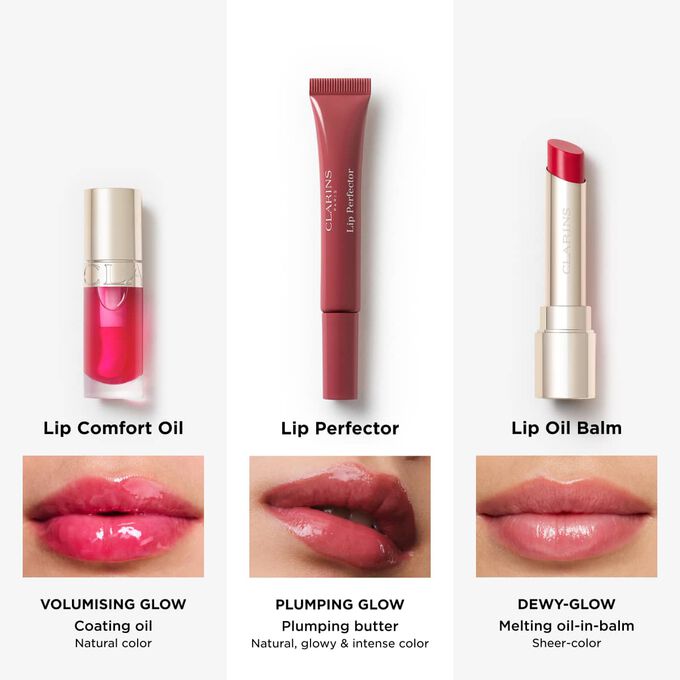 Clarins complete lip care family featuring the original hydrating lip oil alongside various options for a custom tinted lip oil finish.