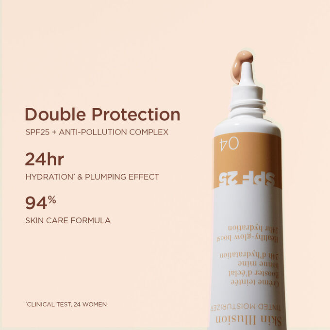 Close-up of the Skin Perfector in medium highlighting its dual protection against sun and pollution, along with its hydrating effects