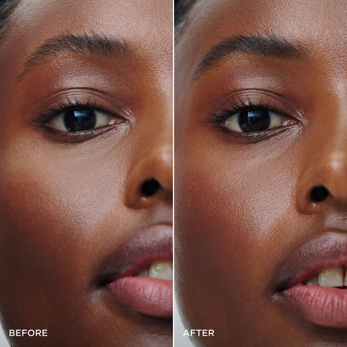 Before and after of a woman&rsquo;s brows using Clarins 2-in-1 Dark Brown Brow Pencil, showing fuller, shaped, and defined brows.